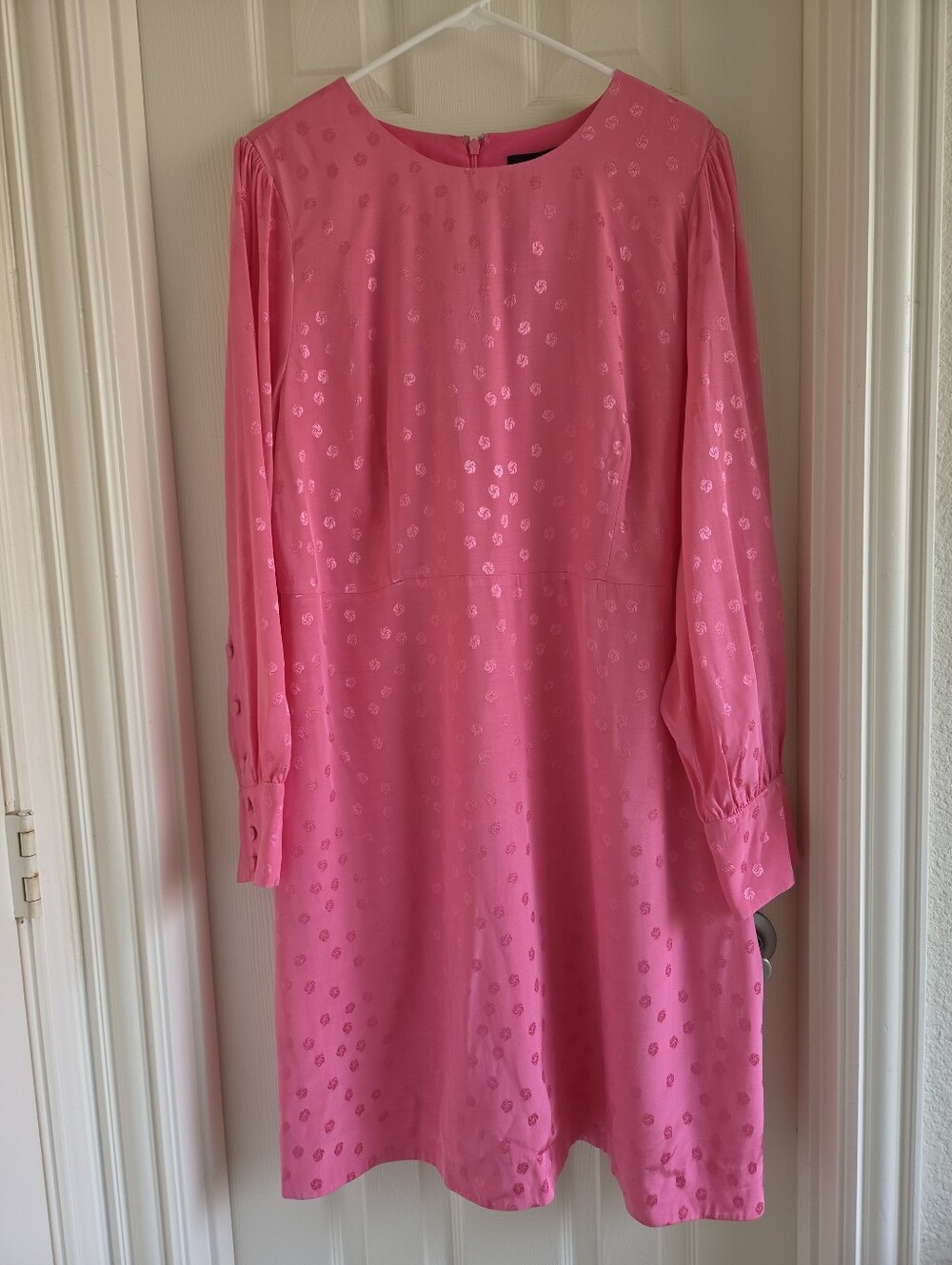 J.Crew Pink Satin Jacquard Shift Dress Long Sleeve Floral Dot Mini Size 18 AR644